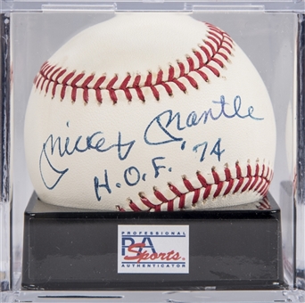 Mickey Mantle Signed & "H.O.F. 74" Inscribed OAL Brown Baseball (PSA/DNA MINT +9.5)